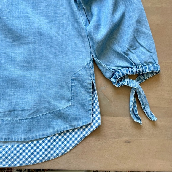 Vineyard Vines Chambray Blouse with Tie Sleeves and Checkered Trim - Picture 3 of 6